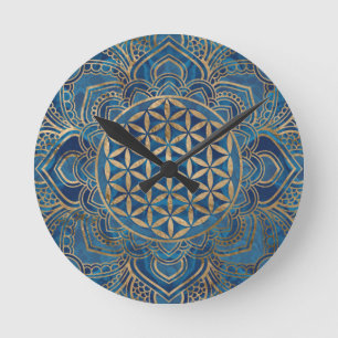 Reloj Redondo Mediano Flor de vida en Lotus: mármol azul y oro