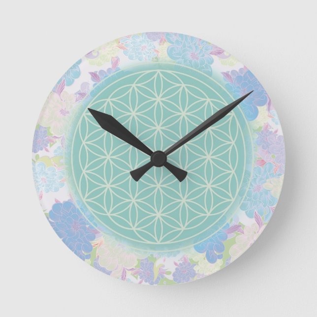 Reloj Redondo Mediano flor de vida verde, (Anverso)