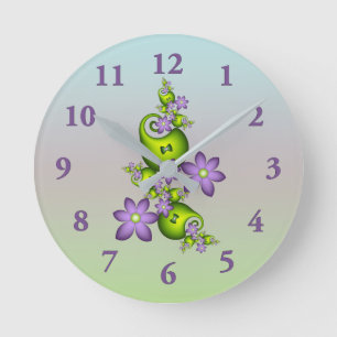 Reloj Redondo Mediano Flor Floral Fantasía Lilac Flores Formas verdes Fr