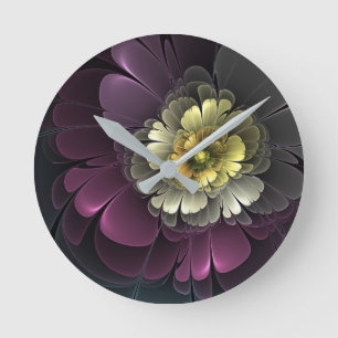 Reloj Redondo Mediano Flor Fractal Abstracta Moderna Purpura Gris Khaki