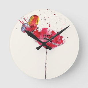 Reloj Redondo Mediano Flor pintada estilizada de la amapola de la