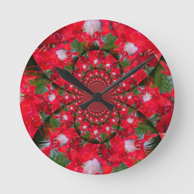 Reloj Redondo Mediano Flor Roja Natural Pluma Blanca Kaleidoscope Arte (Anverso)
