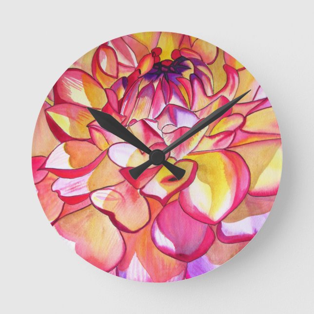Reloj Redondo Mediano Flor rosa de Dahlia acuarela arte fino (Anverso)