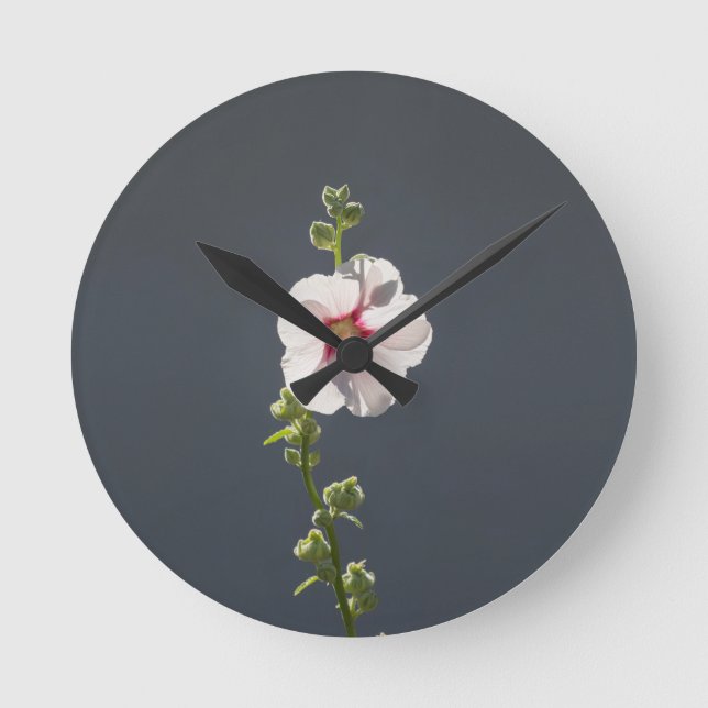 Reloj Redondo Mediano Flor rosa Mallow hojas verdes sobre gris oscuro (Anverso)