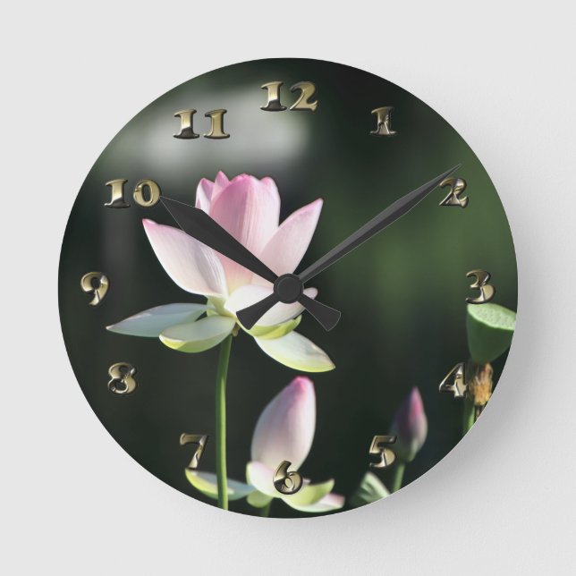 Reloj Redondo Mediano Flor rosa y blanco Lotus (Anverso)