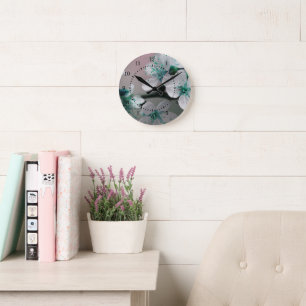 Reloj Redondo Mediano Flor Verde azulada rusa contemporánea