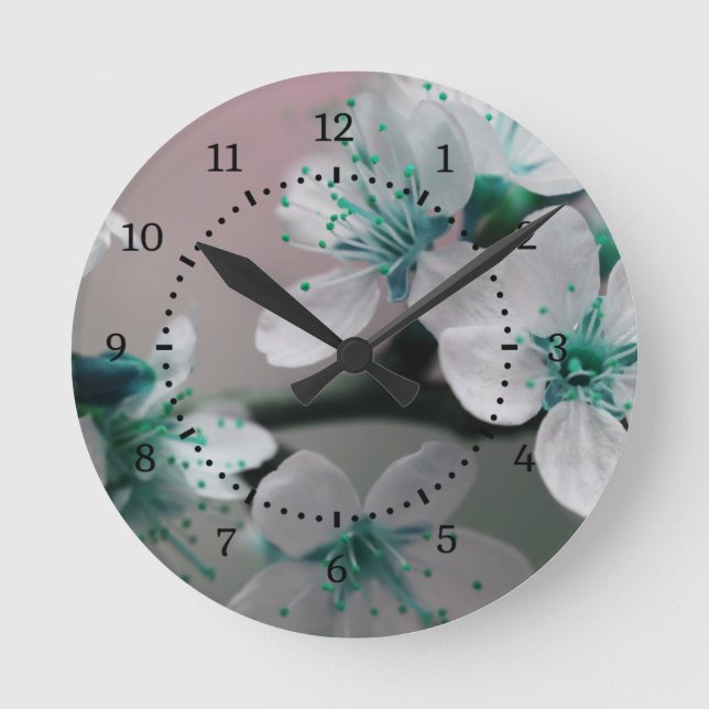 Reloj Redondo Mediano Flor Verde azulada rusa contemporánea (Anverso)