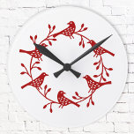 Reloj Redondo Mediano Flor y pájaro festivos<br><div class="desc">Una flor y un pájaro escandinavos modernos. Rojo en blanco.</div>
