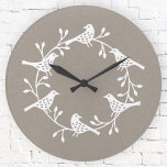 Reloj Redondo Mediano Flor y pájaro festivos<br><div class="desc">Una flor y un pájaro escandinavos modernos. Blanco sobre neutral.</div>