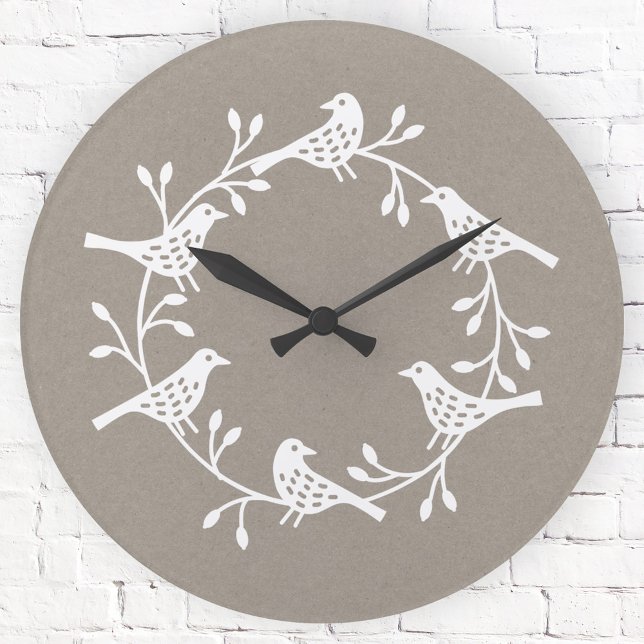 Reloj Redondo Mediano Flor y pájaro festivos (Scandinavian folk art style white and neutral beige bird wall clock)