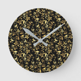 Reloj Redondo Mediano Floral Abstracto Dorado sobre Fondo Negro