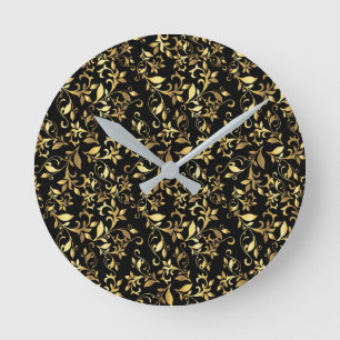 Reloj Redondo Mediano Floral Abstracto Dorado sobre Fondo Negro
