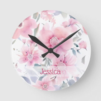 Reloj Redondo Mediano Floral Acuarela Rosa Personalizada