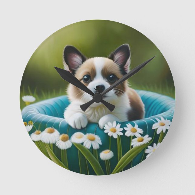 Reloj Redondo Mediano Floral adorable perro pequeño en los perezosos (Anverso)