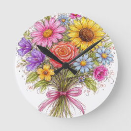 Reloj Redondo Mediano Floral Bouquet - Scribbled Style Art