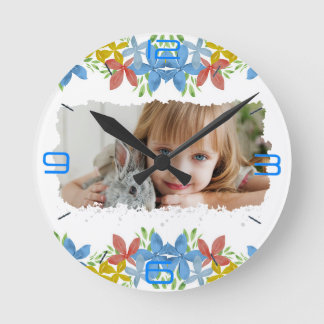 Reloj Redondo Mediano Floral de acuarela fotográfica personalizada
