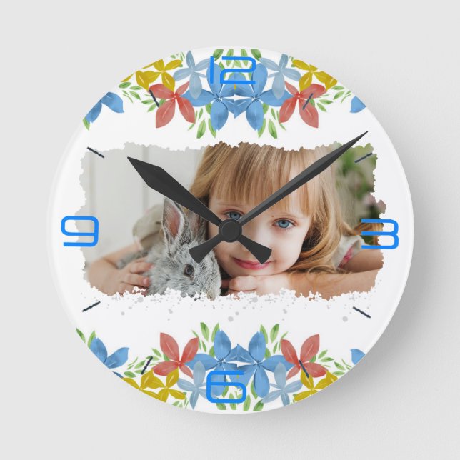 Reloj Redondo Mediano Floral de acuarela fotográfica personalizada (Anverso)