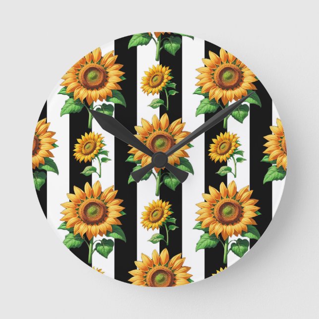 Reloj Redondo Mediano Floral de girasol franjas blancas negras (Anverso)