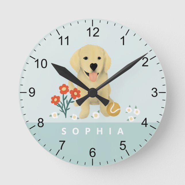 Reloj Redondo Mediano Floral de perro de Cuta Golden Retriever (Anverso)