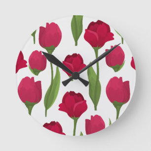 Reloj Redondo Mediano Floral de Rosas botánicos rojos y rosados bonitos