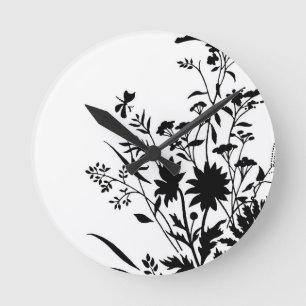 Reloj Redondo Mediano Floral de silueta blanca y negra...Reloj de pared