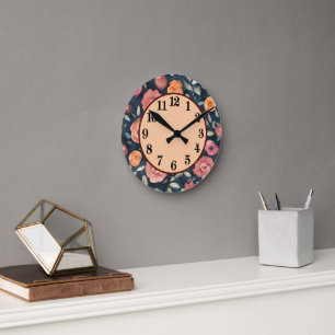 Reloj Redondo Mediano Floral decorativo naranja y rosa