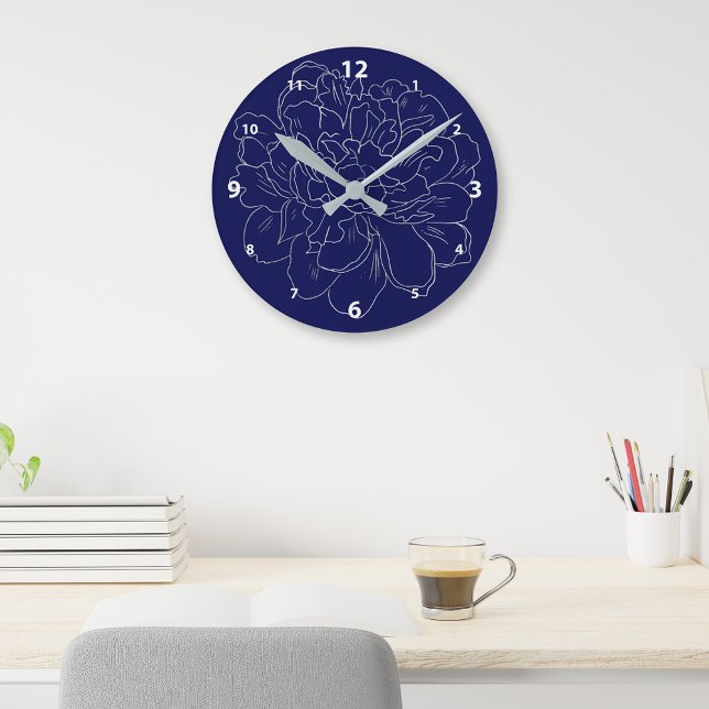 Reloj Redondo Mediano Floral elegante de plata azul de la marina (Subido por el creador)