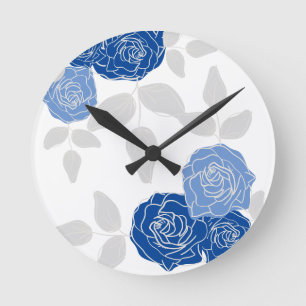 Reloj Redondo Mediano Floral gris blanco elegante azul turbio simple