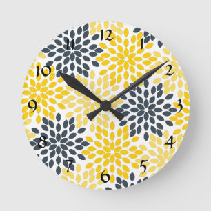 Reloj Redondo Mediano Floral moderna de carbón vegetal gris, amarillo y 