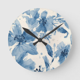 Reloj Redondo Mediano Floral Pintado Botánico Caprichoso Acuarela Azul