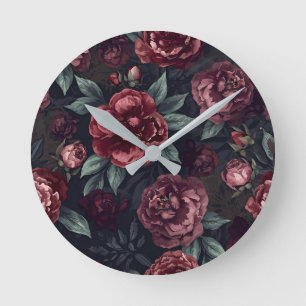 Reloj Redondo Mediano Florales Malhumorados Patrón Acuarela Rojo Oscuro