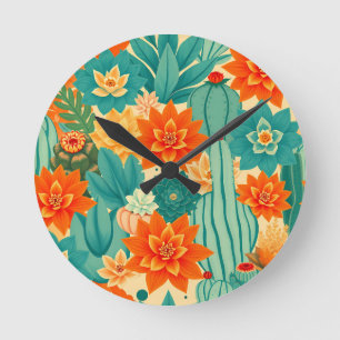 Reloj Redondo Mediano Florecimiento de Cactus en Desierto Naranja Verde