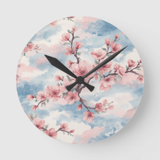 Reloj Redondo Mediano Florecimiento de Cerezo Japonés Rosa Azul