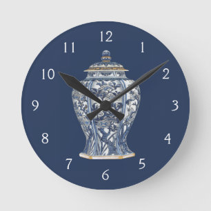 Reloj Redondo Mediano Florero azul y blanco de la porcelana por el