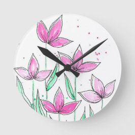 Reloj Redondo Mediano Flores Acuarela Rosadas Caprichosas