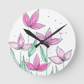 Reloj Redondo Mediano Flores Acuarela Rosadas Caprichosas