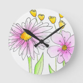 Reloj Redondo Mediano Flores Acuarela Rosadas y Amarillas Lindas