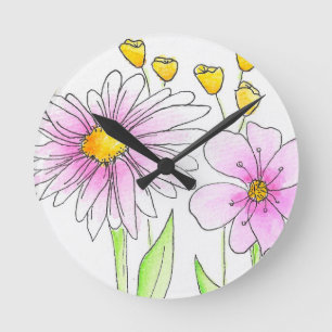 Reloj Redondo Mediano Flores Acuarela Rosadas y Amarillas Lindas