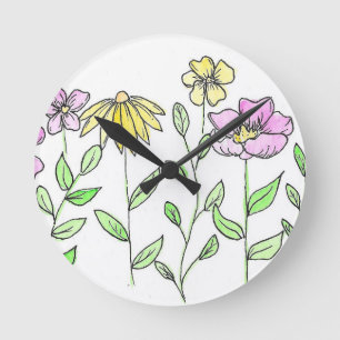 Reloj Redondo Mediano Flores Acuarelas Rosadas y Amarillas Lindas
