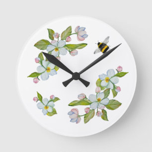 Reloj Redondo Mediano Flores acuáticas de árboles de jardín y abejorros