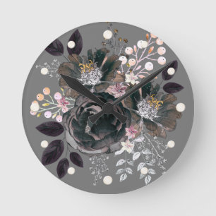 Reloj Redondo Mediano Flores acuáticas monocromas estilo bouquet