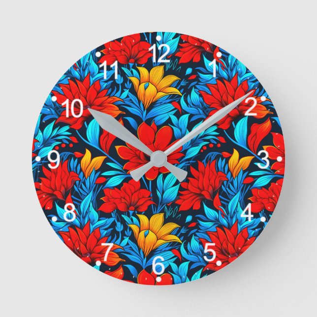 Reloj Redondo Mediano Flores amarillas rojas florales Patrón-13075 (Anverso)