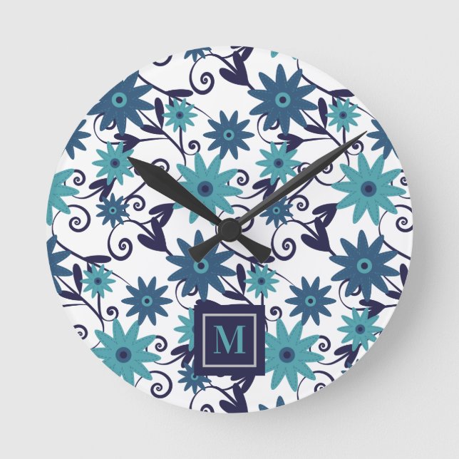 Reloj Redondo Mediano Flores azul turquesa monograma  (Anverso)
