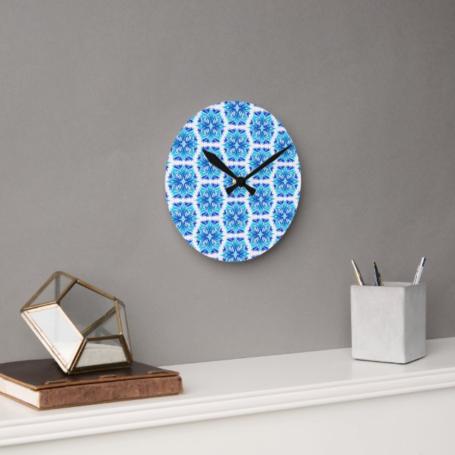 Reloj Redondo Mediano Flores Azules, Patrón De Flores, Patrón Floral (Oficina)