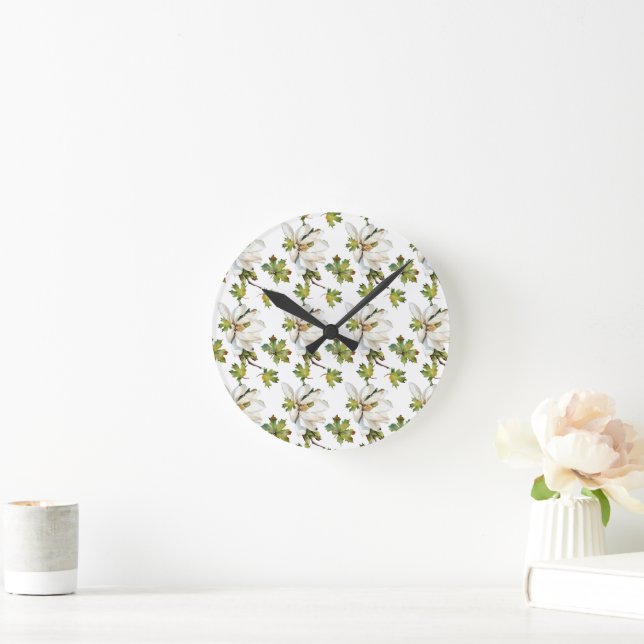 Reloj Redondo Mediano Flores blancas hojas verdes (Hogar)