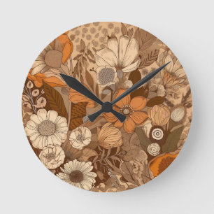 Reloj Redondo Mediano Flores Bohemias en Crema de Naranja y Tonos Terros