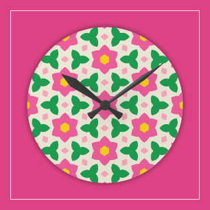 Reloj Redondo Mediano Flores Botánicas Rosa Brillante en Floral Geométri