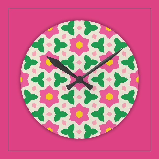 Reloj Redondo Mediano Flores Botánicas Rosa Brillante en Floral Geométri (Subido por el creador)