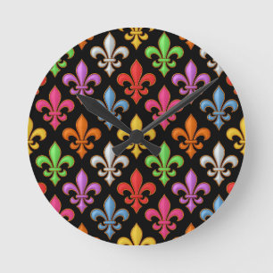Reloj Redondo Mediano Flores Coloridas y Negras en forma de Fleur-de-lis