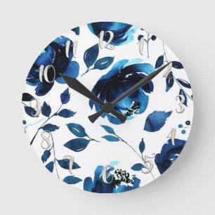 Reloj Redondo Mediano Flores de Acuarela Floral Azul Elegante Chic